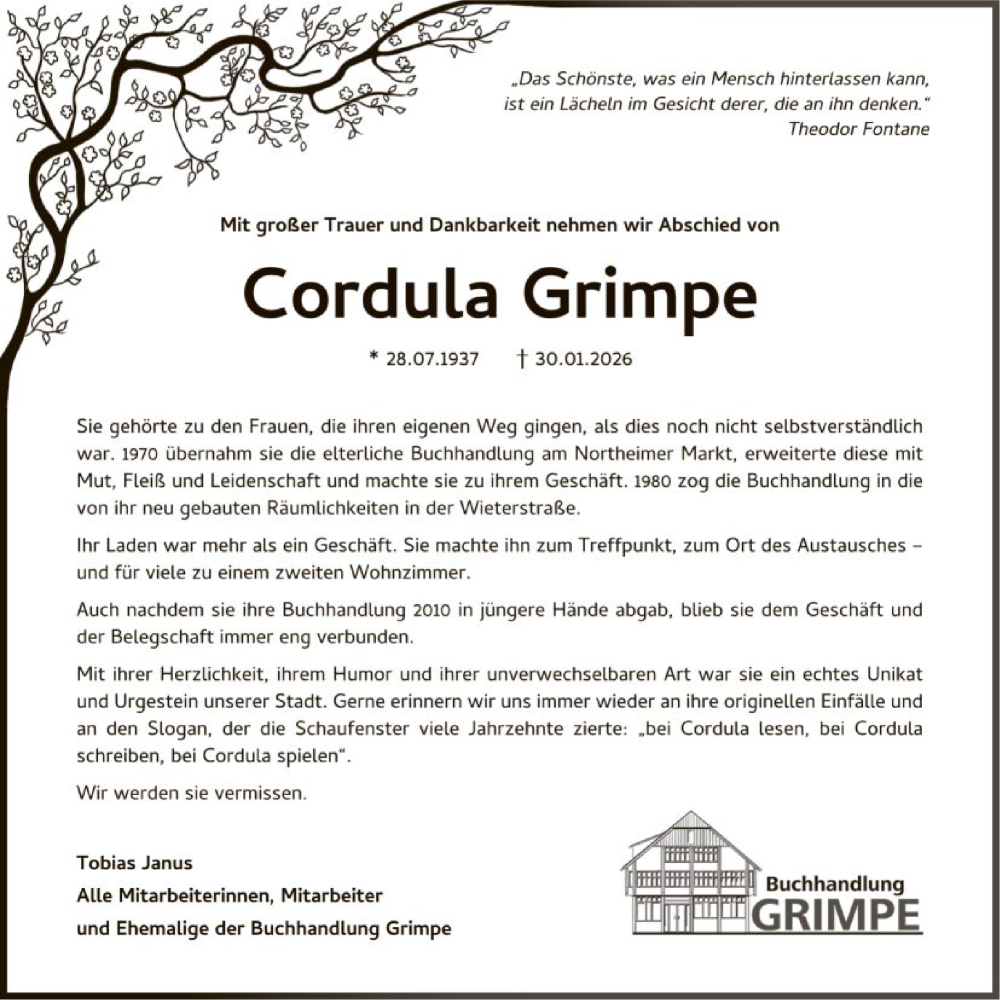  Traueranzeige für Cordula Grimpe vom 07.02.2026 aus HNA