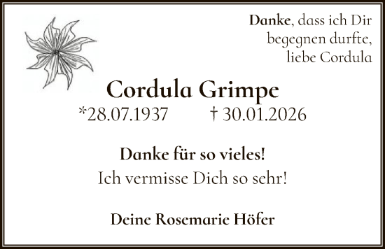 Traueranzeige von Cordula Grimpe von HNA