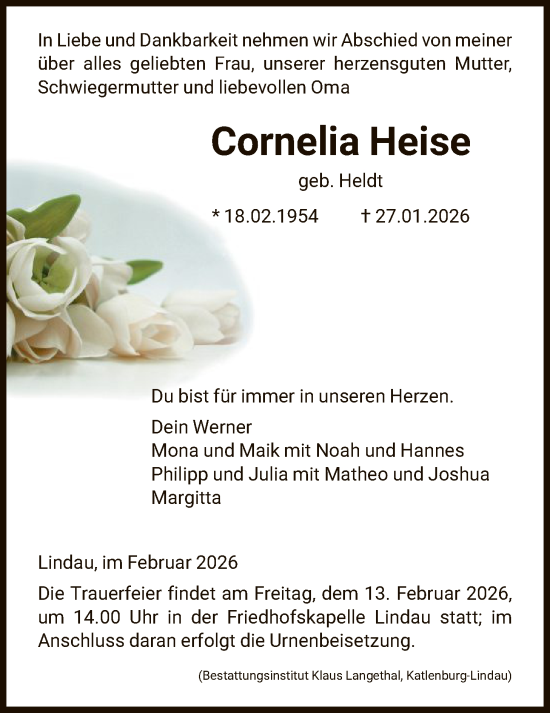 Traueranzeige von Cornelia Heise von HNA
