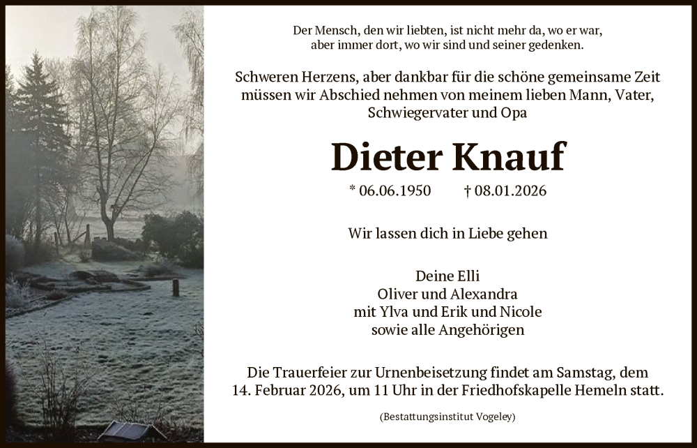  Traueranzeige für Dieter Knauf vom 07.02.2026 aus HNA