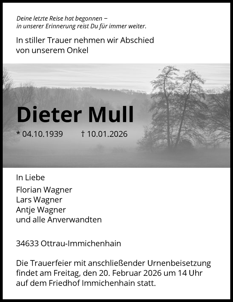 Traueranzeige für Dieter Mull vom 14.02.2026 aus HNA