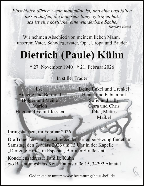 Traueranzeige von Dietrich Kühn von HNA