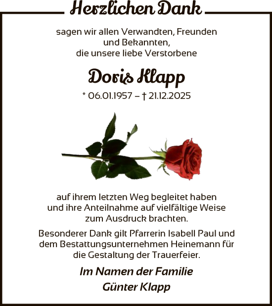 Traueranzeige von Doris Klapp von HNA