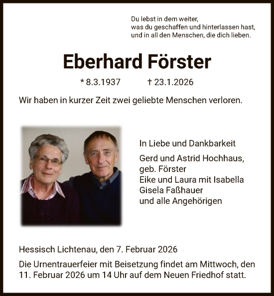 Traueranzeige von Eberhard Förster von HNA