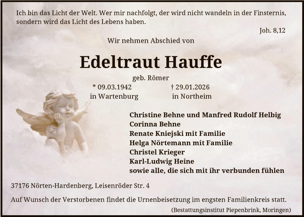  Traueranzeige für Edeltraut Hauffe vom 07.02.2026 aus HNA