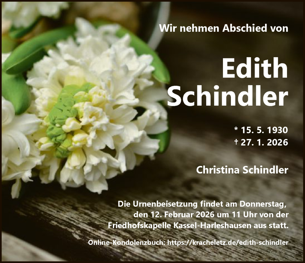  Traueranzeige für Edith Schindler vom 07.02.2026 aus HNA