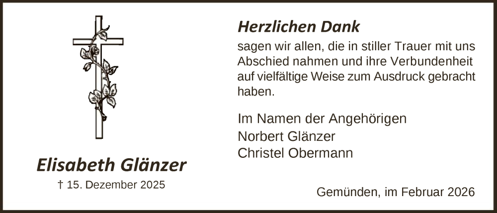  Traueranzeige für Elisabeth Glänzer vom 07.02.2026 aus HNA
