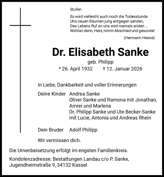 Traueranzeige von Elisabeth Sanke von HNA