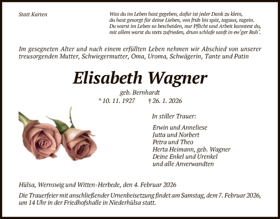Traueranzeige von Elisabeth Wagner von HNA