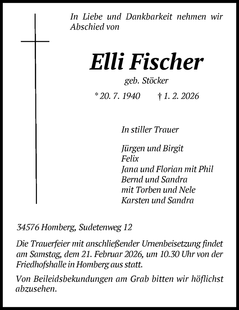  Traueranzeige für Elli Fischer vom 14.02.2026 aus HNA