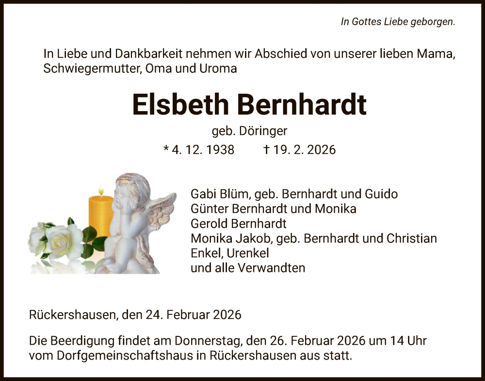  Traueranzeige für Elsbeth Bernhardt vom 24.02.2026 aus HNA