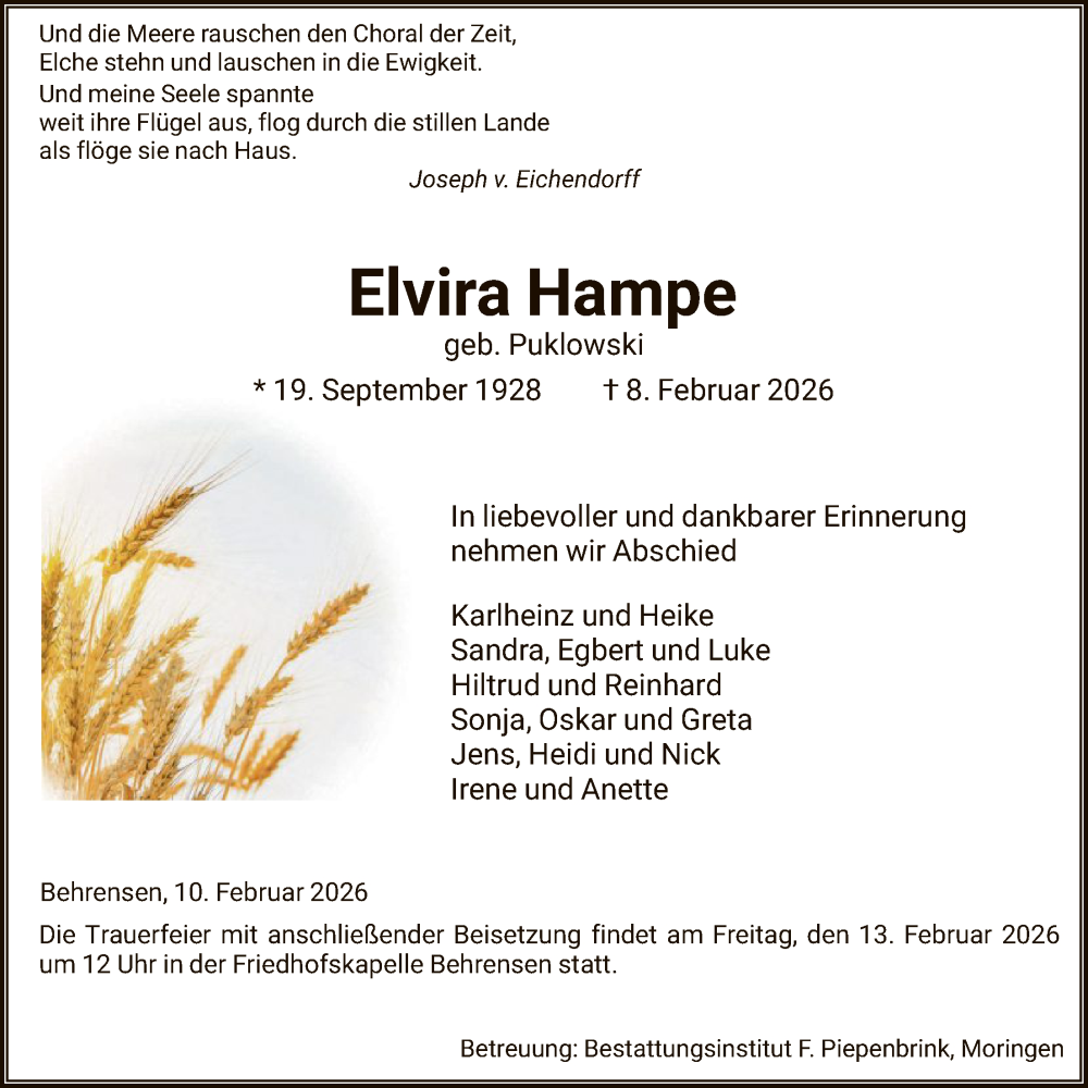  Traueranzeige für Elvira Hampe vom 10.02.2026 aus HNA