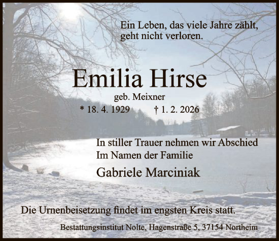 Traueranzeige von Emilia Hirse von HNA