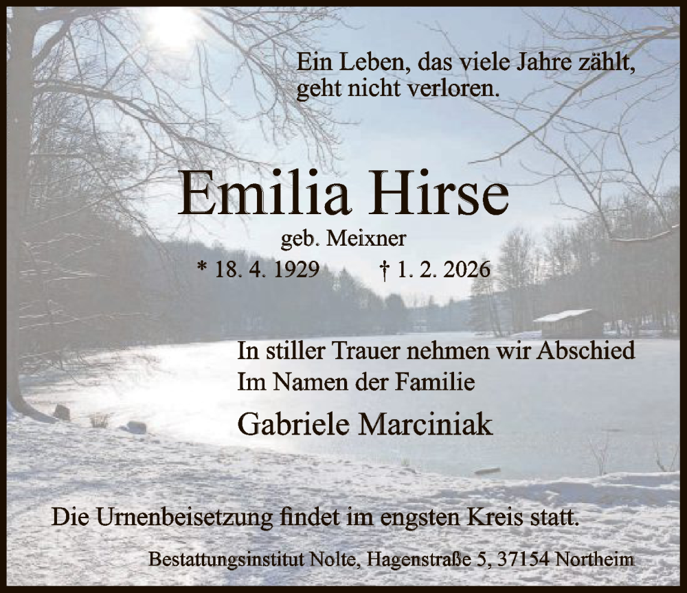 Traueranzeige für Emilia Hirse vom 07.02.2026 aus HNA