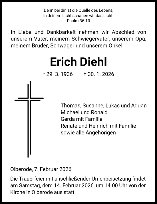 Traueranzeige von Erich Diehl von HNA