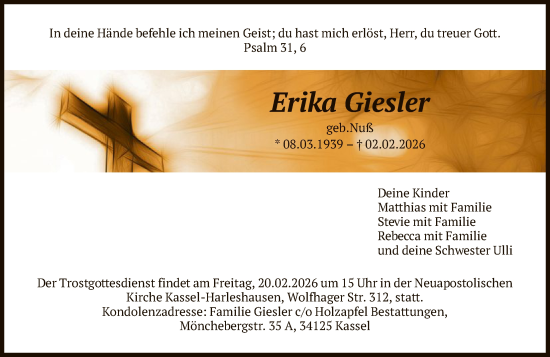 Traueranzeige von Erika Giesler von HNA