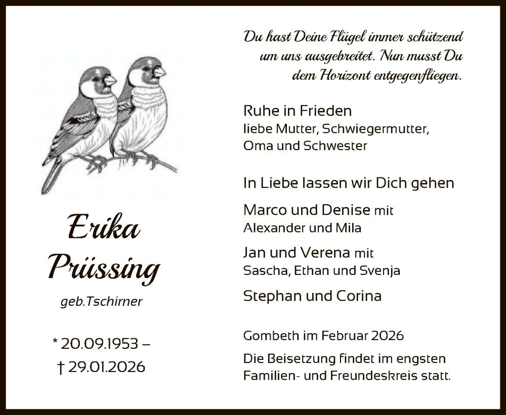  Traueranzeige für Erika Prüssing vom 07.02.2026 aus HNA