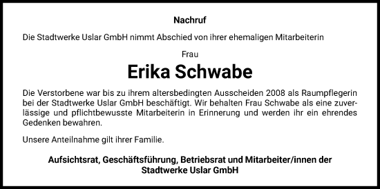 Traueranzeige von Erika Schwabe von HNA