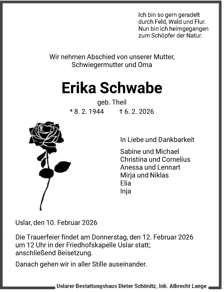  Traueranzeige für Erika Schwabe vom 10.02.2026 aus HNA