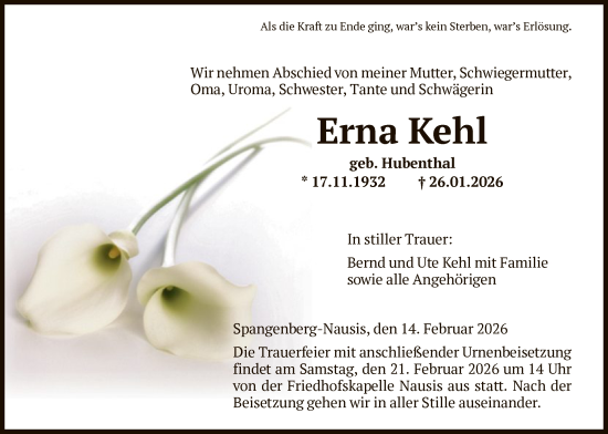 Traueranzeige von Erna Kehl von HNA