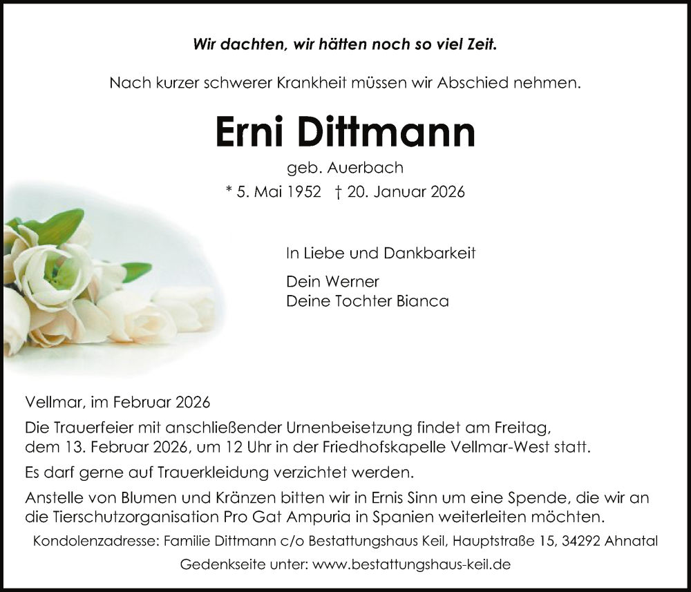  Traueranzeige für Erni Dittmann vom 07.02.2026 aus HNA