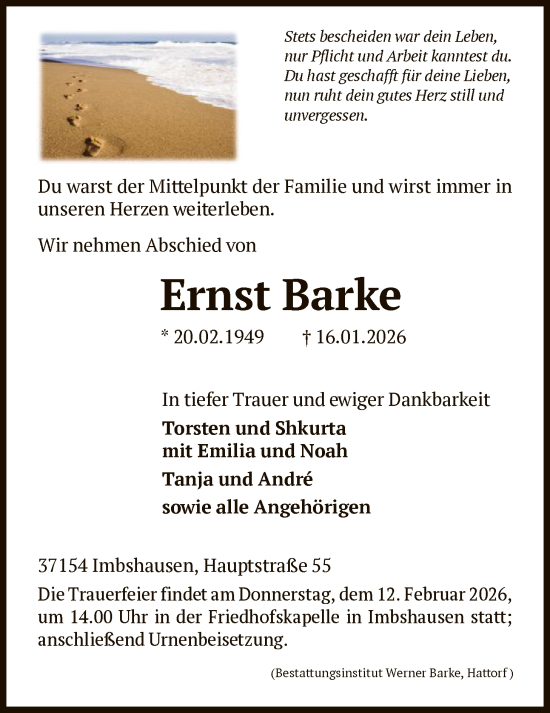 Traueranzeige von Ernst Barke von HNA