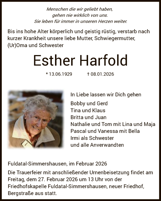 Traueranzeige von Esther Harfold von HNA