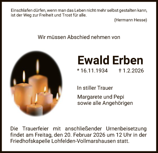 Traueranzeige von Ewald Erben von HNA
