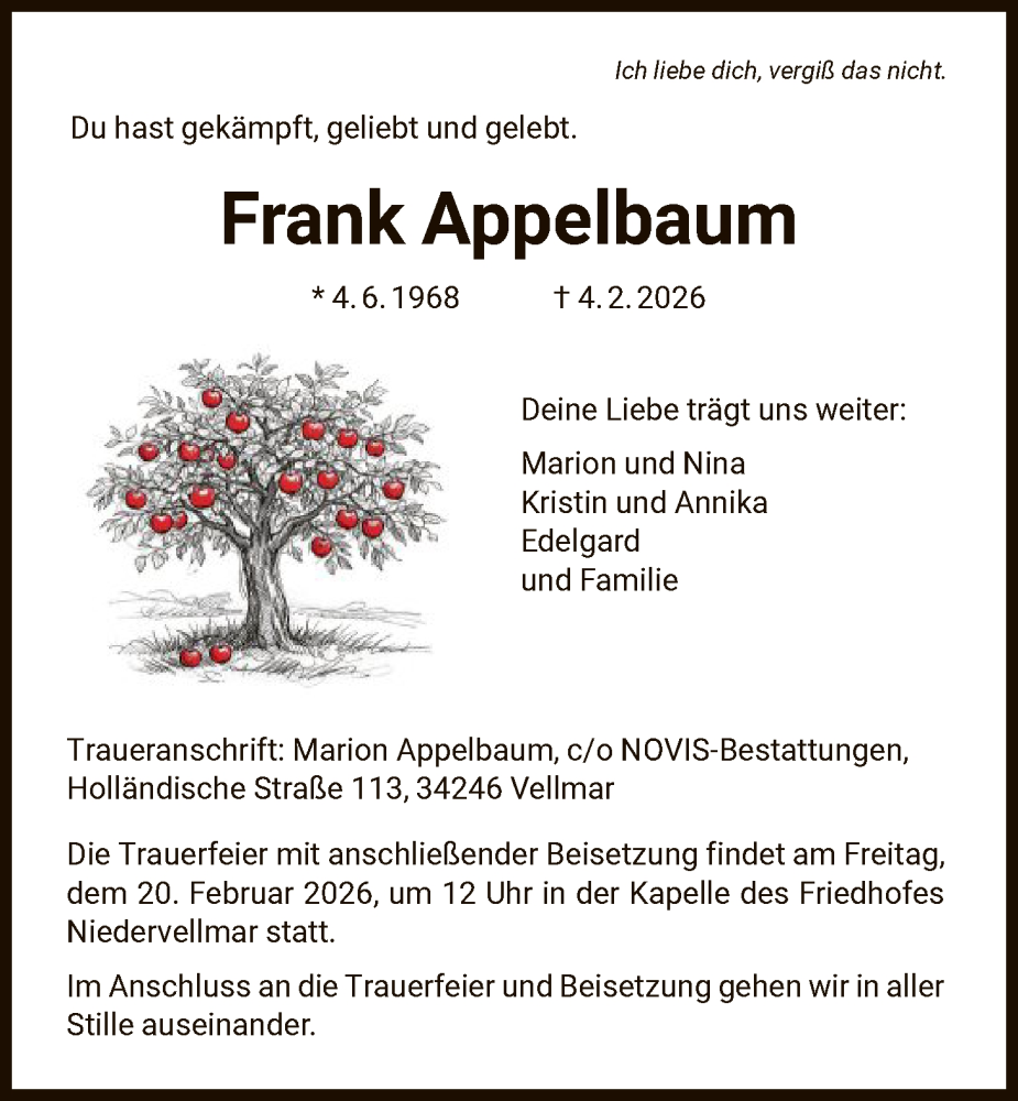  Traueranzeige für Frank Appelbaum vom 14.02.2026 aus HNA