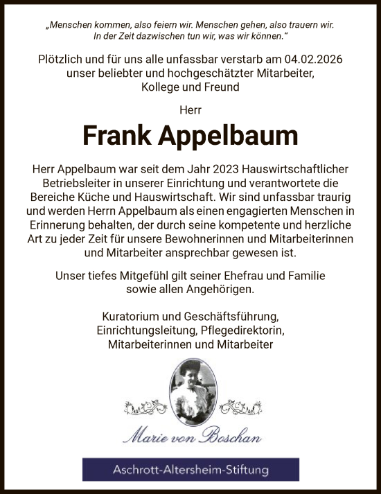 Traueranzeige von Frank Appelbaum von HNA