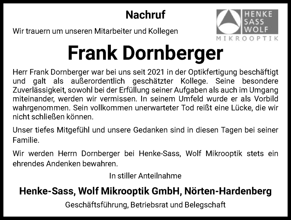  Traueranzeige für Frank Dornberger vom 07.02.2026 aus HNA
