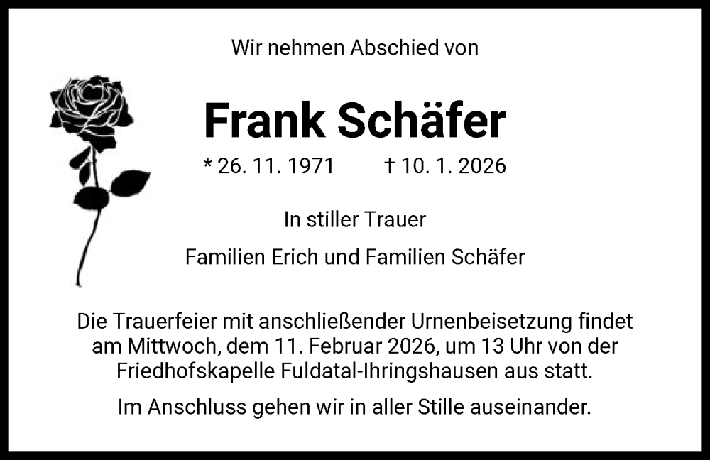  Traueranzeige für Frank Schäfer vom 07.02.2026 aus HNA