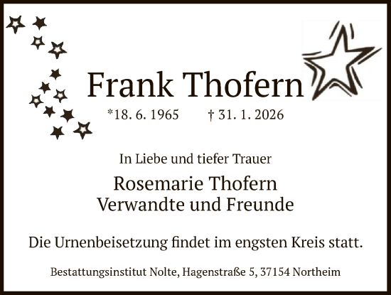 Traueranzeige von Frank Thofern von HNA