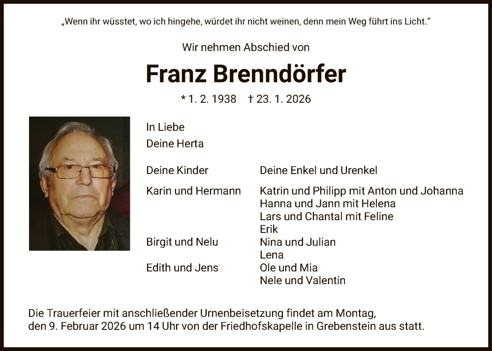  Traueranzeige für Franz Brenndörfer vom 06.02.2026 aus HNA