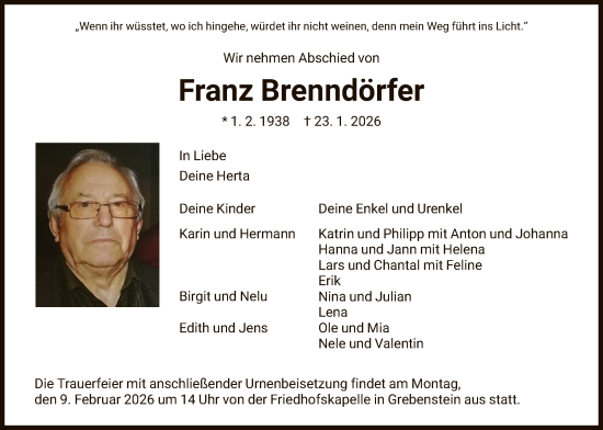 Traueranzeige von Franz Brenndörfer von HNA