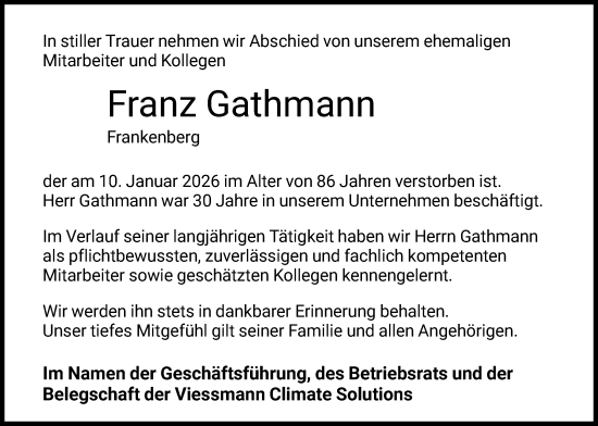 Traueranzeige von Franz Gathmann von HNA