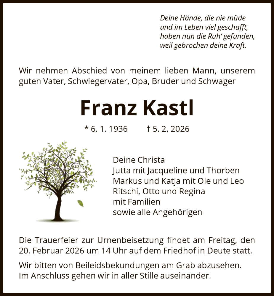  Traueranzeige für Franz Kastl vom 14.02.2026 aus HNA