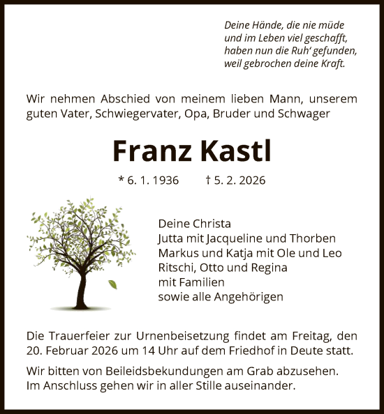 Traueranzeige von Franz Kastl von HNA