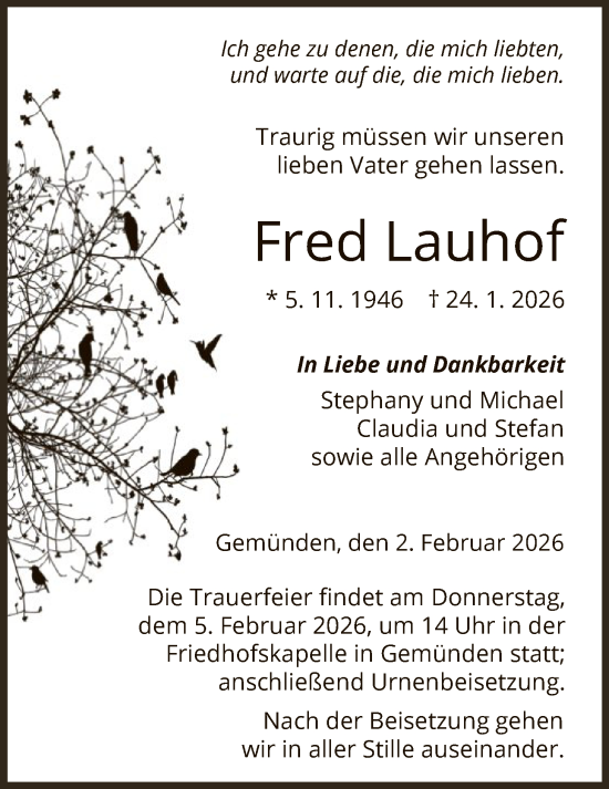 Traueranzeige von Fred Lauhof von HNA
