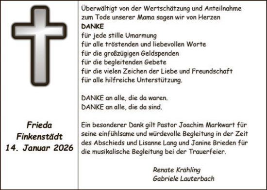 Traueranzeige von Frieda Finkenstädt von HNA