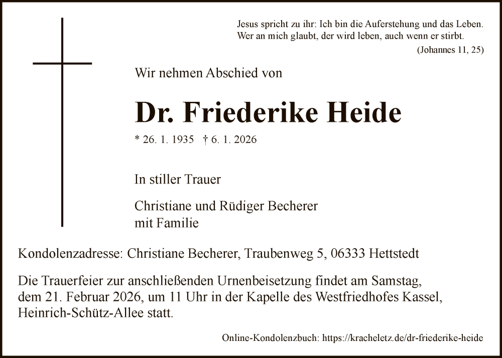  Traueranzeige für Friederike Heide vom 14.02.2026 aus HNA