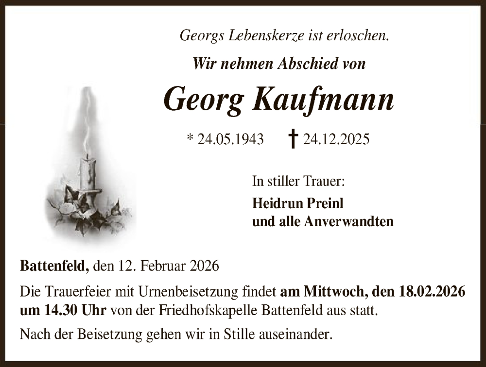  Traueranzeige für Georg Kaufmann vom 12.02.2026 aus HNA