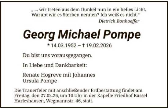 Traueranzeige von Georg Michael Pompe von HNAHNA