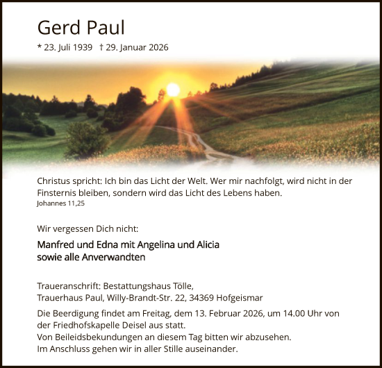 Traueranzeige von Gerd Paul von HNA