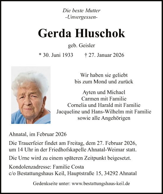 Traueranzeige von Gerda Hluschok von HNA