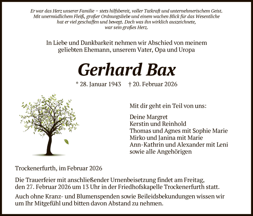  Traueranzeige für Gerhard Bax vom 24.02.2026 aus HNAHNA