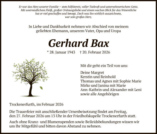 Traueranzeige von Gerhard Bax von HNAHNA