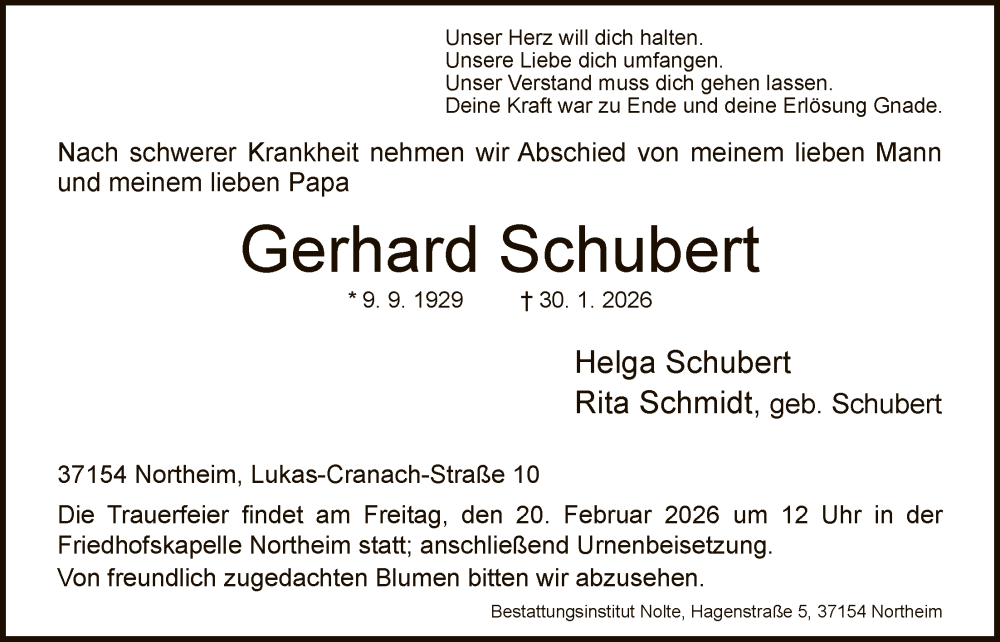  Traueranzeige für Gerhard Schubert vom 07.02.2026 aus HNA