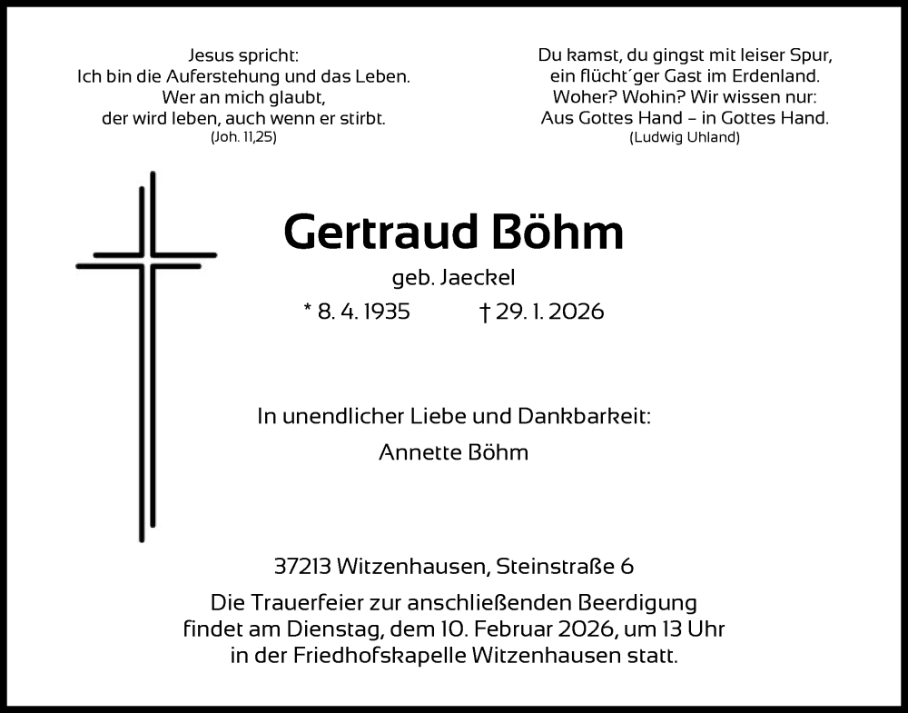  Traueranzeige für Gertraud Böhm vom 07.02.2026 aus HNA