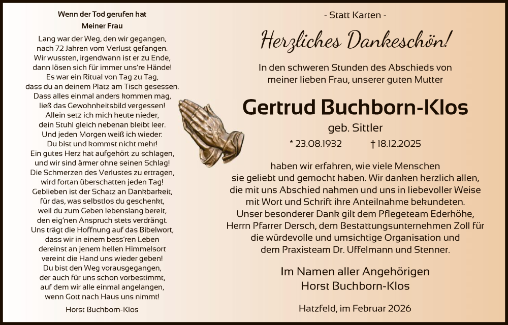  Traueranzeige für Gertrud Buchborn-Klos vom 14.02.2026 aus HNA